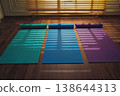 Fitness gym interior, yoga mats and gym equipment lying on floor. AI Generative 138644313