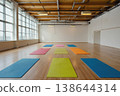 Fitness gym interior, yoga mats and gym equipment lying on floor. AI Generative 138644314