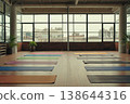 Fitness gym interior, yoga mats and gym equipment lying on floor. AI Generative 138644316