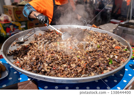 Street Food Vendor Cooking Chopped Doner Meat on Large Pan 138644400