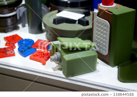 Booby trap models printed on 3D printer. Prototype of ammunition explosive devices printed on 3D printer from molten plastic. Innovation modern additive technologies. 3D printing military technology Booby trap models printed on 3D printer. Prototype of ammunition explosive devices printed on 3D printer from molten plastic. Innovation modern additive technologies. 3D printing military technology 138644588