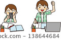An illustration of a young boy studying at home, with both a listless and motivated expression. 138644684