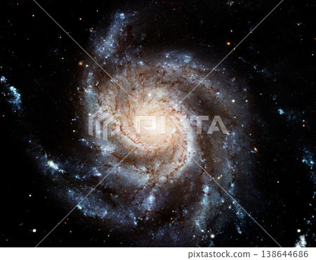 Cosmos, space and spiral universe on black background with light, pattern and color glow solar system. Galaxy, infinity and planets in milky way with nebula shine, dark sky and stars in aerospace. 138644686