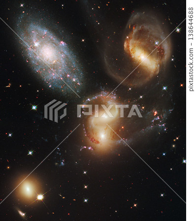 Cosmos, space and spiral stars in universe on black background with light, color and glow in solar system. Galaxy, infinity and planets in milky way with nebula shine, dark sky and dust in aerospace. 138644688