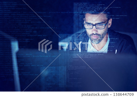Hacker, code and overlay with man and computer for scam, cyber security and password theft. Phishing, technology and night with person and online crime for crypto, malware and finance fraud software Hacker, code and overlay with man and computer for scam, cyber security and password theft. Phishing, technology and night with person and online crime for crypto, malware and finance fraud software 138644709
