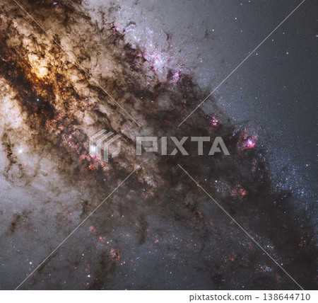Milky way, cosmos and stars in universe with light explosion, and color glow in solar system gas. Galaxy, infinity and planets in space with nebula shine, dark night sky and dust cloud in aerospace 138644710