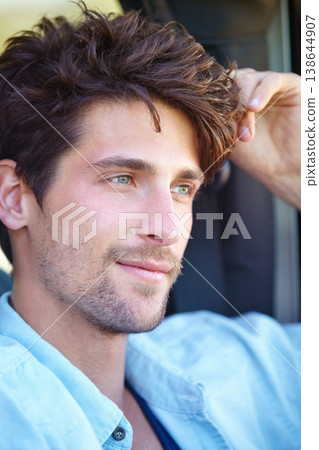 Car road trip, thinking face and man planning journey route, travel adventure or outdoor vacation tour, holiday or getaway. Auto vehicle drive, relax and driving person on wellness break in Spain Car road trip, thinking face and man planning journey route, travel adventure or outdoor vacation tour, holiday or getaway. Auto vehicle drive, relax and driving person on wellness break in Spain 138644907