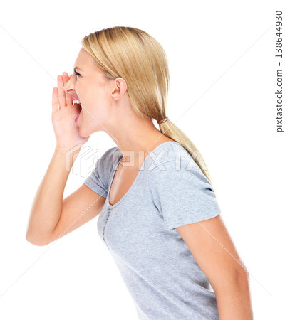 Profile, woman and shouting in studio with voice for protest, speech and human rights revolution. Angry model screaming to broadcast news, announcement and attention justice for on white background Profile, woman and shouting in studio with voice for protest, speech and human rights revolution. Angry model screaming to broadcast news, announcement and attention justice for on white background 138644930