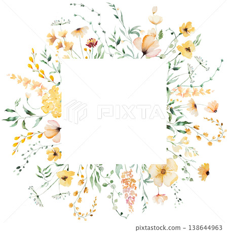 Square floral frame with yellow watercolor wildflowers and leaves, hand drawn wedding illustration Square floral frame with yellow watercolor wildflowers and leaves, hand drawn wedding illustration 138644963