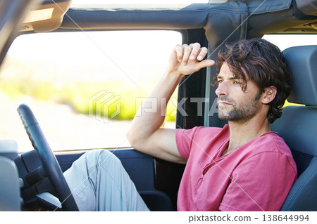 Car road trip, travel and man looking at direction, detour way and thinking of destination route, journey path or vacation choice. Automobile, adventure and motor transportation person driving in van Car road trip, travel and man looking at direction, detour way and thinking of destination route, journey path or vacation choice. Automobile, adventure and motor transportation person driving in van 138644994