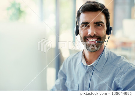 Portrait, tech support and man with a computer, call center and employee with headphones, crm and telemarketing. Face, office or agent with a headset, customer service and help desk with consultant 138644995