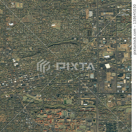 Map, buildings and aerial of city with street lines, residential and town architecture. Landscape, geography and satellite, top view and atmosphere for urban development, neighborhood and houses 138645030