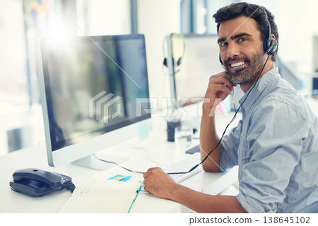 Portrait, telemarketing and man with a computer, customer service and lens flare with headphones, crm and tech support. Face, office or agent with a headset, call center and help desk with consultant Portrait, telemarketing and man with a computer, customer service and lens flare with headphones, crm and tech support. Face, office or agent with a headset, call center and help desk with consultant 138645102