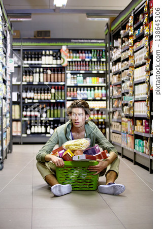 Man, grocery shopping and shop, stress about inflation and expensive food, overwhelmed in supermarket. Groceries in basket, retail and customer shocked by price, choice and purchase with fear 138645106