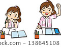 An illustration of a young elementary school girl studying at home, with expressions of both apathy and motivation. 138645108