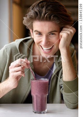 Man, smile and portrait for smoothie health nutrition, diet groceries or juice fruit. Male person, closeup and breakfast berry shake or organic wellness for vegan fibre, weight loss or balance choice Man, smile and portrait for smoothie health nutrition, diet groceries or juice fruit. Male person, closeup and breakfast berry shake or organic wellness for vegan fibre, weight loss or balance choice 138645199