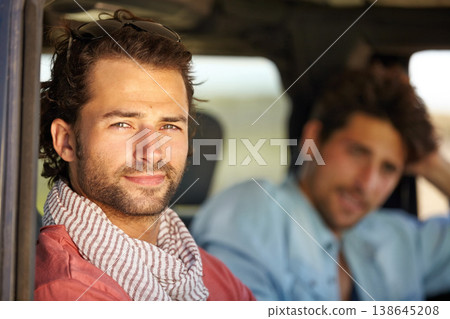 Car road trip, travel portrait and man on journey, adventure or motor transportation for friendship vacation, tour or getaway. Moving automobile, relax passenger face and person driving in SUV van 138645208