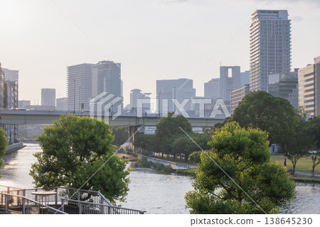 鬱鬱蔥蔥的河岸和摩天大樓林立的城市景觀 138645230