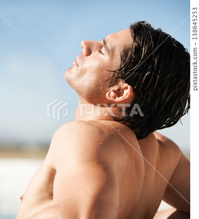 Outdoor, sunshine and man with vacation, beach and tan with break, getaway and weekend trip. Person, calm and guy with seaside holiday, sunlight and relax with basking, wet and summer with freedom Outdoor, sunshine and man with vacation, beach and tan with break, getaway and weekend trip. Person, calm and guy with seaside holiday, sunlight and relax with basking, wet and summer with freedom 138645253