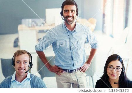 Portrait, call center and customer support team in office for consulting, contact us or communication. Telemarketing, business group and collaboration for service, advice or agent operator at company 138645273