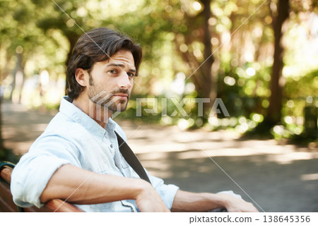 Relax, thinking or person in park on a bench in summer for fresh air, holiday vacation or break in garden. Mental health, Italy or calm man in nature resting or waiting in a natural environment Relax, thinking or person in park on a bench in summer for fresh air, holiday vacation or break in garden. Mental health, Italy or calm man in nature resting or waiting in a natural environment 138645356