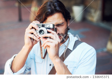 Picture, photographer or man in city on holiday vacation trip for creativity or tourism adventure in Italy. Photography, travel or tourist with camera or freedom sightseeing in urban town on journey Picture, photographer or man in city on holiday vacation trip for creativity or tourism adventure in Italy. Photography, travel or tourist with camera or freedom sightseeing in urban town on journey 138645371