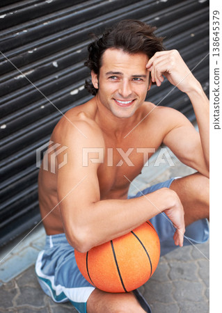 Basketball player workout, happy man and thinking of sports competition solution, inspiration and planning urban cardio. Happiness, relax and athlete smile for game, match or challenge idea on ground Basketball player workout, happy man and thinking of sports competition solution, inspiration and planning urban cardio. Happiness, relax and athlete smile for game, match or challenge idea on ground 138645379
