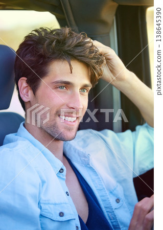 Car road trip, happiness and face of man on journey route, travel adventure or tour of Spain. Auto vehicle driver, happy tourist and person relax, rest or on driving wellness break in outdoor parking Car road trip, happiness and face of man on journey route, travel adventure or tour of Spain. Auto vehicle driver, happy tourist and person relax, rest or on driving wellness break in outdoor parking 138645390