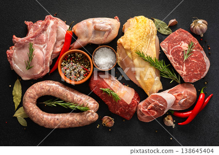 Different types of meat are spread out on a dark surface. The display includes beef steaks, quail, pork sausage, turkey, chicken fillet, and pork steak with some spices nearby 138645404