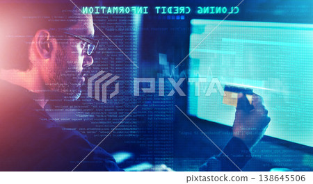 Hacker, credit card and overlay with man and computer for scam, cyber security and password theft. Phishing, technology and night with person and online crime for crypto, malware and finance fraud Hacker, credit card and overlay with man and computer for scam, cyber security and password theft. Phishing, technology and night with person and online crime for crypto, malware and finance fraud 138645506