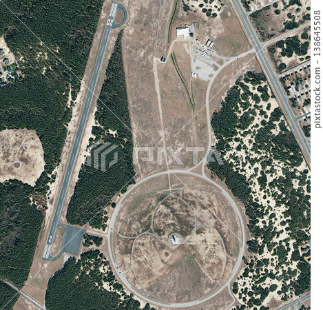 Aerial, map and satellite view of landscape, nature and desert outdoor with field. Land, trees and above with dust, neighborhood and roads with rural development from top with woods and farm terrain 138645508