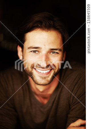 Portrait, smile and fashion of man in studio isolated on a black background. Face, confidence and handsome, happy and attractive model in casual clothes, trendy or stylish on dark backdrop in Brazil Portrait, smile and fashion of man in studio isolated on a black background. Face, confidence and handsome, happy and attractive model in casual clothes, trendy or stylish on dark backdrop in Brazil 138645509