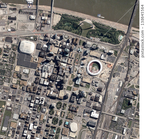 Travel, buildings and top view of earth map with nature, street and residential landscapes. Globe, land and aerial of road with field and houses from industrial satellite for environment development. 138645564