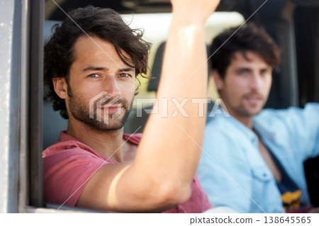 Friends, portrait and men in car on road trip with freedom, travel and desert adventure for summer vacation. Transport, holiday journey and happy people in van with nature, sunshine and countryside. Friends, portrait and men in car on road trip with freedom, travel and desert adventure for summer vacation. Transport, holiday journey and happy people in van with nature, sunshine and countryside. 138645565