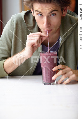 Man, smile and portrait for drink smoothie or fruit breakfast beverage, morning fibre or healthy detox choice. Male person, protein and diet liquid shake organic taste, vegan or nutrition raw vitamin Man, smile and portrait for drink smoothie or fruit breakfast beverage, morning fibre or healthy detox choice. Male person, protein and diet liquid shake organic taste, vegan or nutrition raw vitamin 138645611