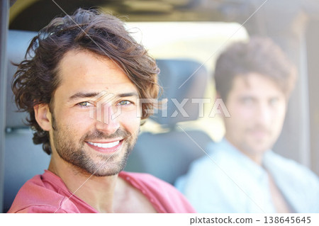 Car road trip, happy man and portrait of friends, driver or passenger on journey, weekend adventure or Greece tour. Auto vehicle, face and people smile for outdoor driving, street travel or transport 138645645