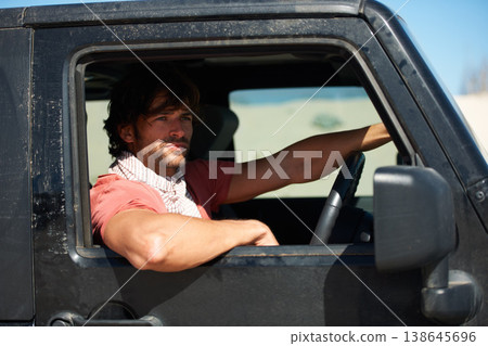 Man, car and driving for road trip, travel or holiday in outdoor journey or adventure in nature. Handsome or attractive male person or driver looking out window of vehicle in traveling, view or break Man, car and driving for road trip, travel or holiday in outdoor journey or adventure in nature. Handsome or attractive male person or driver looking out window of vehicle in traveling, view or break 138645696