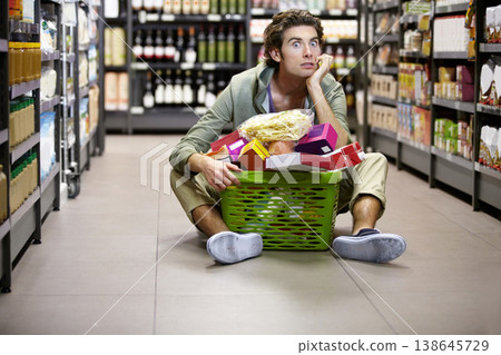 Man, grocery shopping and supermarket, stress about inflation and expensive food, overwhelmed in store. Groceries in basket, retail and customer shocked by price, choice and purchase with fear Man, grocery shopping and supermarket, stress about inflation and expensive food, overwhelmed in store. Groceries in basket, retail and customer shocked by price, choice and purchase with fear 138645729