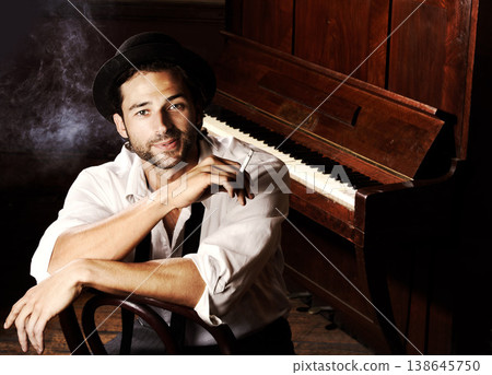 Portrait, artist and man with a piano, smoking and creative with talent, performance and gig. Face, musician and club with a cigarette, jazz and ambient with tobacco, smile and confident player Portrait, artist and man with a piano, smoking and creative with talent, performance and gig. Face, musician and club with a cigarette, jazz and ambient with tobacco, smile and confident player 138645750