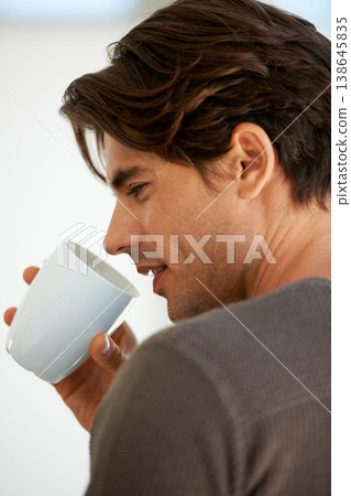 Coffee, reflection and young man at apartment with memory, vision or thinking face expression. Handsome, morning and male person from Canada with latte, cappuccino or espresso with an idea at home. Coffee, reflection and young man at apartment with memory, vision or thinking face expression. Handsome, morning and male person from Canada with latte, cappuccino or espresso with an idea at home. 138645835