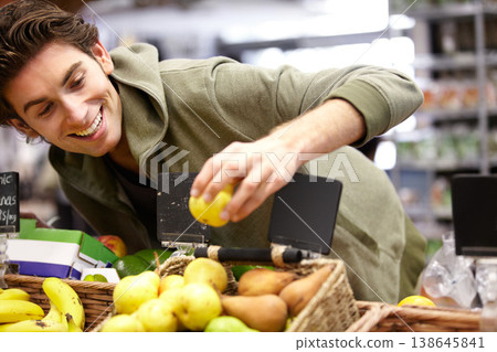 Man, smile and fruit in grocery store for health diet, nutrition or shopping sale product. Male person, happy customer and apple choice in supermarket for organic vegan, quality price or fibre food Man, smile and fruit in grocery store for health diet, nutrition or shopping sale product. Male person, happy customer and apple choice in supermarket for organic vegan, quality price or fibre food 138645841