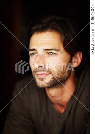 Thinking, serious and fashion of man in studio isolated on a black background. Contemplation, idea and handsome or attractive model planning in casual clothes, trendy or stylish on a dark backdrop 138645842