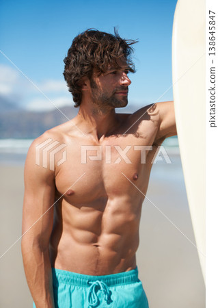 Beach sports, surf and man looking at ocean view, sea waves or ready for fitness, training or outdoor nature wellness. Surfboard, thinking athlete and active surfer for exercise, workout or adventure Beach sports, surf and man looking at ocean view, sea waves or ready for fitness, training or outdoor nature wellness. Surfboard, thinking athlete and active surfer for exercise, workout or adventure 138645847