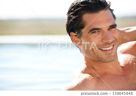 Pool, rooftop and portrait of man swimming outdoor for travel, freedom or summer holiday at resort. Relax, smile and face of male swimmer in nature for luxury getaway at villa, spa or hotel vacation 138645848