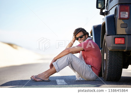 Breakdown, desert and man at car on road trip with emergency, travel and desert adventure for summer vacation. Transport, holiday journey and driver waiting at van with problem, suv and countryside. Breakdown, desert and man at car on road trip with emergency, travel and desert adventure for summer vacation. Transport, holiday journey and driver waiting at van with problem, suv and countryside. 138645864