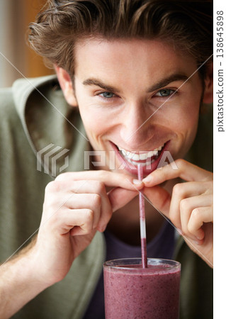 Man, portrait and closeup smoothie drink for health nutrition, diet groceries or fruit. Male person, smile and breakfast beverage or organic wellness for vegan fibre, weight loss or balance choice Man, portrait and closeup smoothie drink for health nutrition, diet groceries or fruit. Male person, smile and breakfast beverage or organic wellness for vegan fibre, weight loss or balance choice 138645898