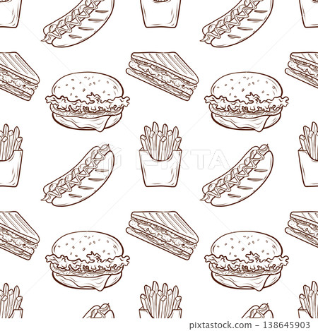 Seamless pattern with burgers, hot dogs, sandwiches and french fries is drawn in hand drawn vector line style. Monochrome fast food illustration forms decorative background. Suitable for packaging, Seamless pattern with burgers, hot dogs, sandwiches and french fries is drawn in hand drawn vector line style. Monochrome fast food illustration forms decorative background. Suitable for packaging, 138645903