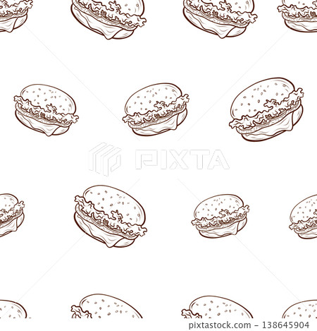 Seamless pattern with repeating hamburgers drawn in brown line art. Hand drawn vector illustration in minimal outline style. Fast food object. Suitable for packaging, branding, menu design, wrapping 138645904