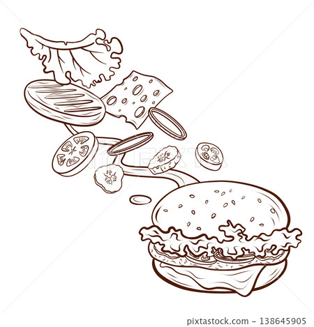 Burger with flying ingredients is drawn as a detailed hand drawn vector line illustration in monochrome sketch style. Fast food object composition is suitable for menu design, restaurant branding, Burger with flying ingredients is drawn as a detailed hand drawn vector line illustration in monochrome sketch style. Fast food object composition is suitable for menu design, restaurant branding, 138645905