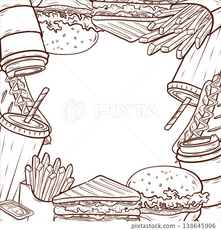 A black and white fast food frame featuring a burger, sandwich, hot dog, fries, takeaway coffee, and soda. Engraving hand-drawn vector illustration for menus, packaging, posters, flyers, branding, A black and white fast food frame featuring a burger, sandwich, hot dog, fries, takeaway coffee, and soda. Engraving hand-drawn vector illustration for menus, packaging, posters, flyers, branding, 138645906
